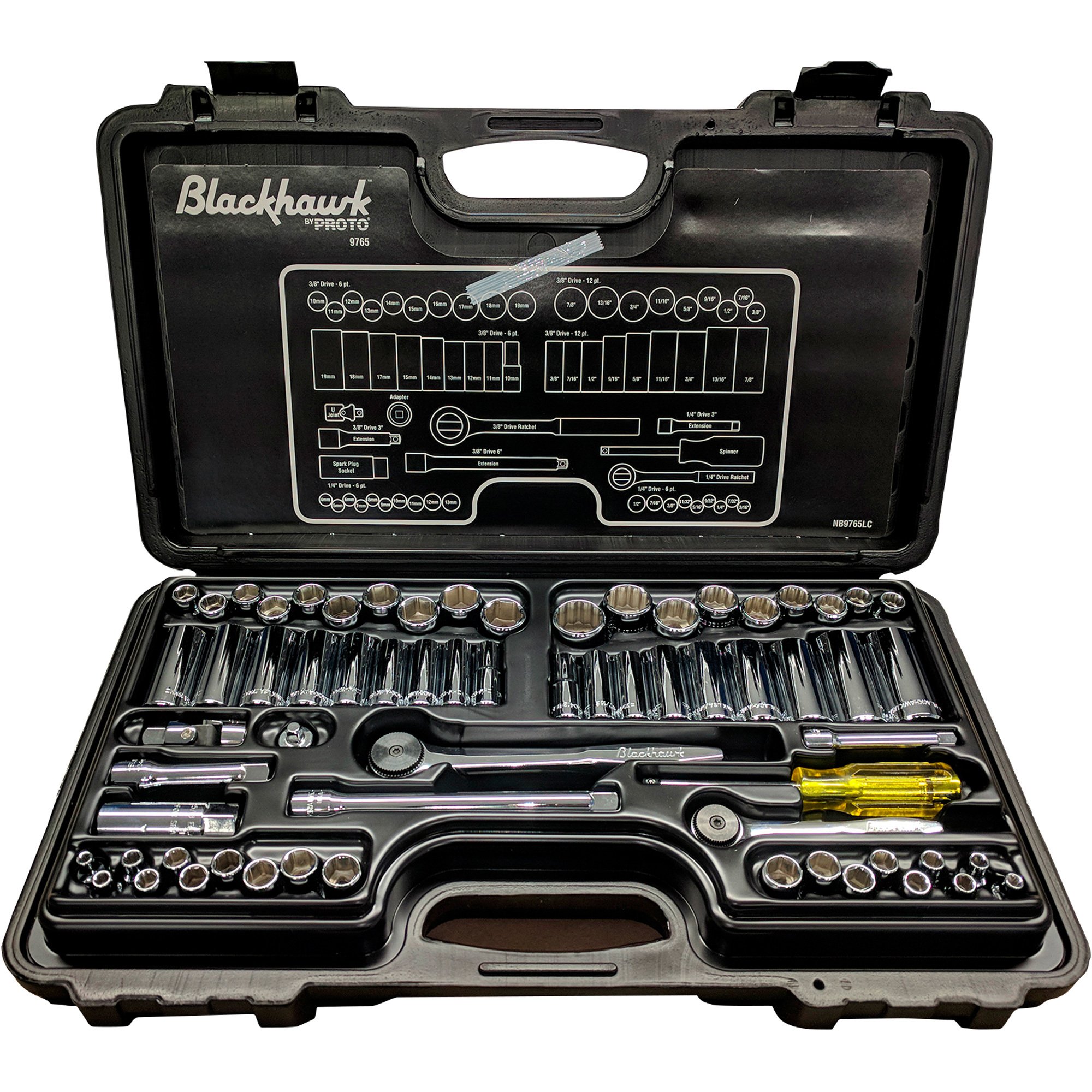 Blackhawk by Proto 1/4in. and 3/8in. Drive, 65-Pc. Socket Set with Latch Box — Model# 9765